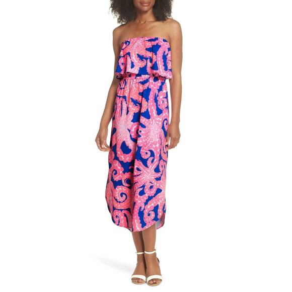 Lilly Pulitzer Strapless Mocean Octopus Long Dress Sz. Small Pink Navy - Picture 4 of 9